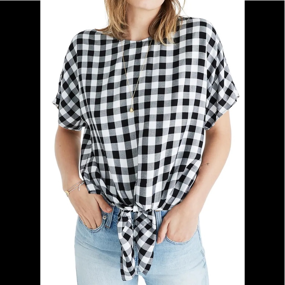 Madewell Checkered Tie Front Top